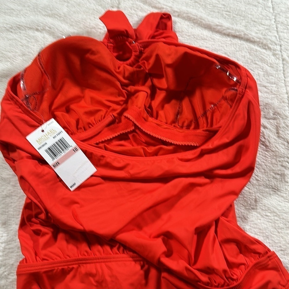 MICHAEL KORS Red Orange Blouson Full Coverage Tie Halter One Piece Swimsuit 10 - Picture 12 of 12
